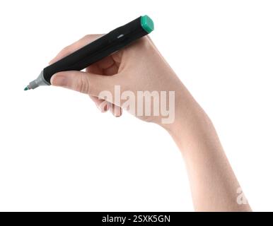 Woman with double sided marker on white background, closeup Stock Photo