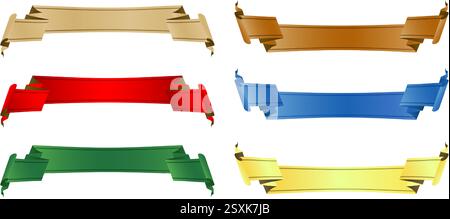 set of banners with ribbons six colors isolated white backgrounds for decks, collages, scene designs, User interface, Branding or identity campaigns Stock Vector