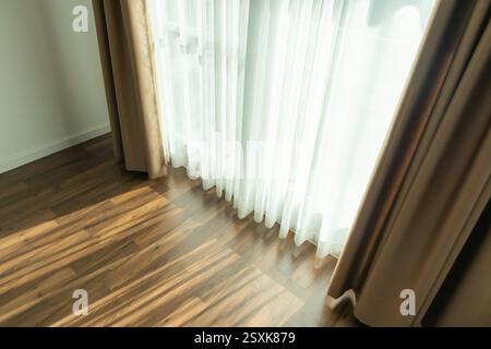 Curtain window interior decoration in living room on sunny day with sunlight Stock Photo