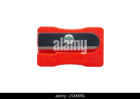red plastic pencil sharpener isolated on white background top view Stock Photo