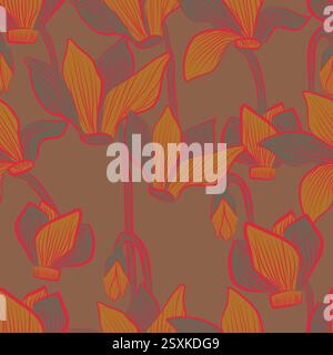 stylized flowers, Cyclamen Spring line art illustration Cyclamen Flowers Seamless Pattern. Hand Drawn vector Illustration. Wallpaper, fabric Stock Vector