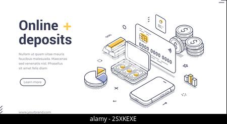 Web banner highlights the concept of online deposits through line art featuring a smartphone, credit card, and various financial elements. Ideal for d Stock Vector