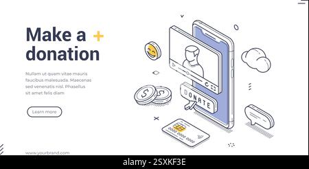 Online donation activities isometric web banner design. It includes a phone displaying a donation interface and various elements representing money an Stock Vector