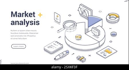 Market analysis isometric web banner template with line art illustration. It includes graphs, charts, and notes, ideal for visual presentations and de Stock Vector
