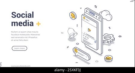 Social media concept web banner template, including a smartphone and various graphic elements. Ideal for digital marketing and creative projects. Mode Stock Vector