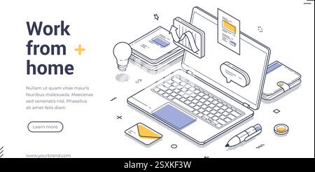 Web banner showcases an isometric design highlighting a laptop, smartphone, and various office supplies in a home workspace. Perfect for promoting rem Stock Vector