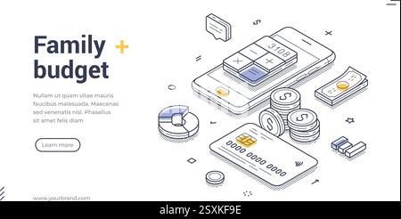 Family budget concept. Web banner features an isometric design showcasing a smartphone with a budgeting app, dollar bills, coins, and charts. Vector i Stock Vector