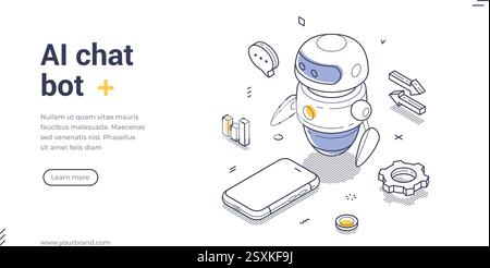 Friendly AI chat bot web banner template. Includes various elements like a smartphone and icons, suitable for digital marketing. Modern isometric vect Stock Vector