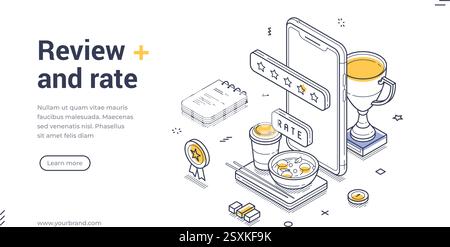 Web banner template features an isometric design showcasing elements such as a smartphone displaying a rating, a trophy, and a review pad, perfect for Stock Vector