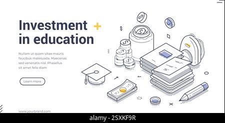 Concept of investment in education web banner template, showcasing various elements like books, money, and educational symbols in a clean isometric st Stock Vector
