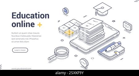 Online education concept web banner template. Elements include books, a smartphone, and study tools, perfect for promoting digital learning platforms. Stock Vector