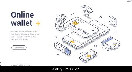 Isometric banner template features an online wallet system with mobile phone and various financial icons. It highlights digital transactions and moder Stock Vector