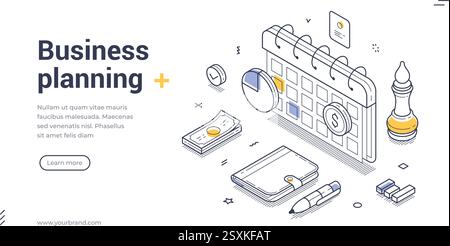 Business planning web banner template. It showcases a calendar, financial documents, and various stationery items, creating a professional atmosphere. Stock Vector