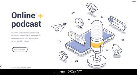 Online podcasting concept. Web banner template. It showcases a microphone, mobile device, and various audio-related icons in a modern style to attract Stock Vector