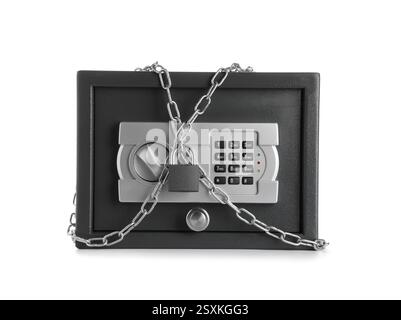 Modern safe box with chain and lock isolated on white background Stock Photo