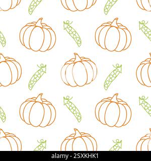 Vegan vibe pattern with healthy vegetables pumpkin and green peas, outlines of healthy vegetables on white background. Vector illustration Stock Vector