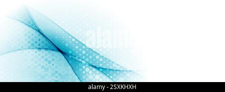 Blue glossy waves with halftone hexagonal pattern abstract background. Geometric tech vector banner design Stock Vector