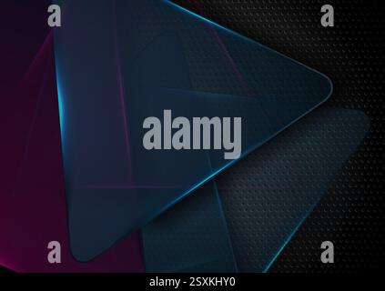 Blue violet glowing neon triangles on black perforated tech texture background. Geometric futuristic vector design Stock Vector