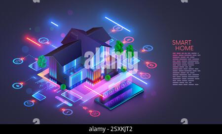 Smart home IOT technology concept banner. Domestic house connected with icons of smart home sensors. Managing the microclimate of smart home from mobi Stock Vector