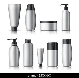Cosmetic mock up bottle vector set. Mock up set of realistic cosmetic package of white blank cosmetics bottles, containers with black cap isolated Stock Vector