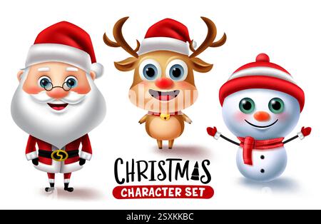 Chirstmas character vector set. Christmas characters like santa claus, reindeer and snow man isolated in white background for xmas 3d realistic Stock Vector