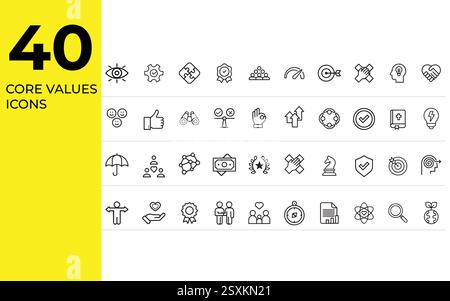 40 Core Values Line Icons Set |Outline Icons for Integrity, Innovation, Growth, Trust, Ethics, and Teamwork Stock Vector