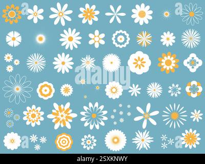 Wild flowers spring summer collection. Simple variation of field and garden white flowers clip art. Set of flower heads, design elements. Vector Stock Vector