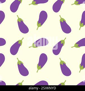 Eggplant vibe, pattern with purple plant fruits on soft background. Summer garden, healthy food, delicious fruits. Vector illustration Stock Vector