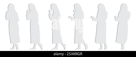 Vector concept conceptual gray paper cut silhouette of a woman in a bathrobe from different perspectives isolated on white background Stock Vector