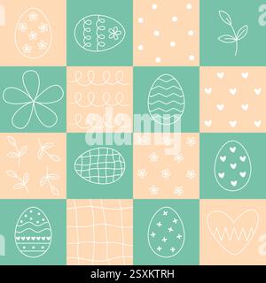Easter seamless pattern mosaic with eggs, flowers and herbs. Cozy spring background. Print for textile, paper, packaging, design. Vector graphics Stock Vector