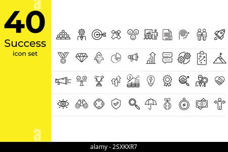 Success Line Icon Set – 40 Outline Icons for Achievement, Growth, Leadership, Goals, and Business Strategy Stock Vector