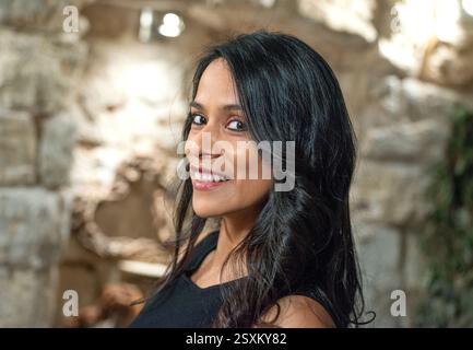 Young Peruvian woman laughing Stock Photo
