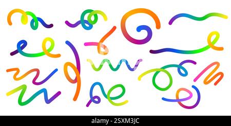 Abstract Color Rainbow Gradient Shapes Set. Vector Graphic with Wavy Lines in Bright Colors. Colorful Fluid Wave Pattern. Squiggly Design Elements. Stock Vector