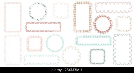 Hand drawn lace scalloped frames. Square, round and rectangle scalloped frames Stock Vector