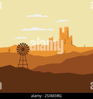 Minimalist Desert Landscape Illustration with Sunset, Cactus, and Mountains – Vector Background Stock Vector