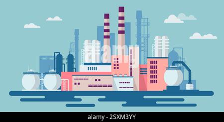 Stock vector illustration of an industrial zone with chemical factories, ironworks, warehouses, enterprises in the flat style Stock Vector