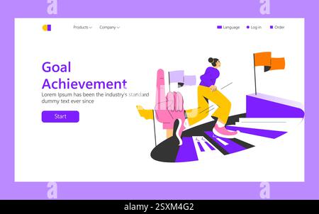 Goal Achievement concept. The journey towards personal and professional milestones illustrated through vibrant visuals. A figure navigates steps, symbolizing determination and progress, emphasizing focus and ambition. Vector illustration. Stock Vector