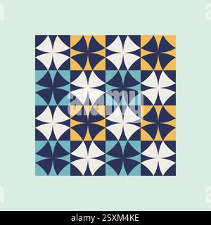 Geometric pattern art print with blue and mustard yellow accents, repeating patterns, vector art style, simple shapes, flat color blocks, retro design Stock Vector
