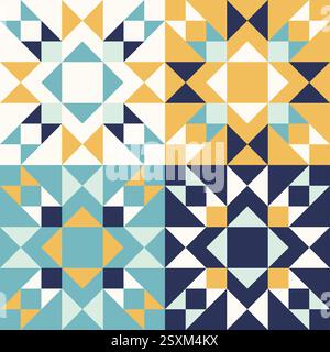 Patchwork style geometric pattern with blue and yellow accents, seamless repeating patterns, vector art style, simple shapes, flat color blocks, retro Stock Vector