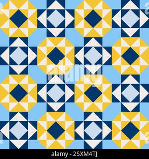 Stylized sunflowers patchwork style, Geometric pattern, seamless repeating patterns, vector art style, simple shapes, flat color quilt blocks, retro d Stock Vector