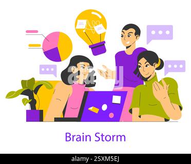 Brainstorming session with a diverse team sharing ideas and engaging in creative discussions. Elements include graphs, lightbulb moments, and interactive dialogue symbols. Vector illustration. Stock Vector