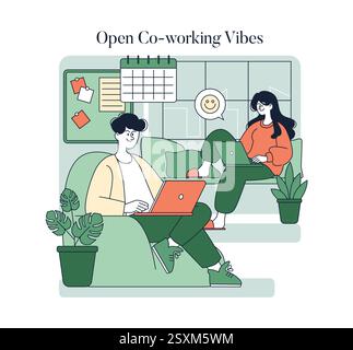 Co-working environment illustration. Individuals work together in a relaxed space with plants and a calendar, embodying collaboration and productivity. Represents modern work culture and teamwork. Vector illustration. Stock Vector