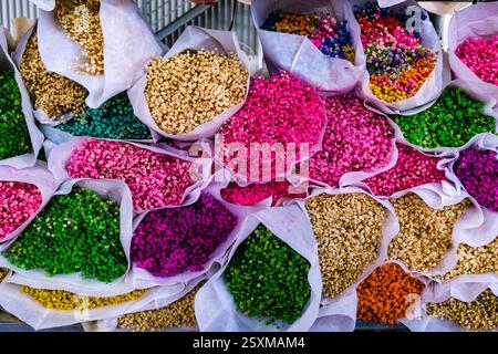 Flowers in various colours are offered for sale at the flower market in Hanoi. Stock Photo