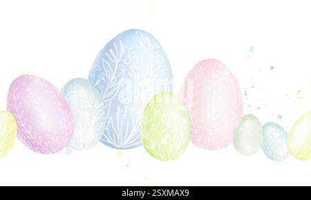 Cute spring Easter eggs with painting, seamless pattern. Watercolor digital illustration. Horizontal border with light pastel colors splashes, on whit Stock Photo