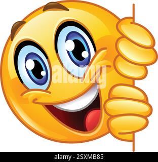 Playful emoji emoticon peeking from behind a wall with a big smile Stock Vector