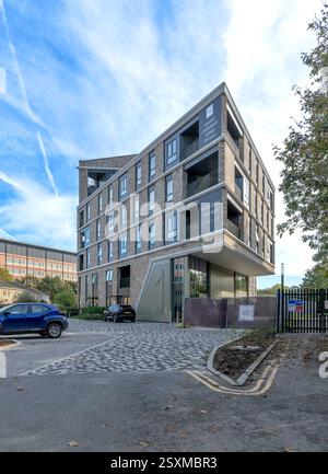 Dramatic new triangular apartment block in a corner plot between the railway and Ravensbourne River. With shared ownership homes for sale. Stock Photo