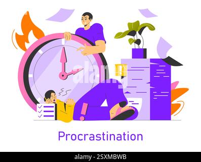 Procrastination illustration. The struggle against time management illustrated through a character engaging in unproductive activities while a clock looms nearby. This highlights the tension between tasks and distractions. Vector illustration. Stock Vector