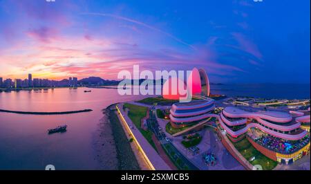 Night aerial view of Zhuhai Grand Theatre in Guangdong Province, China ...