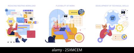 AI Assistant in the Workplace. This illustration captures the integration of AI to enhance productivity, supporting reduced workloads, offering flexibility, and promoting technical skills development. Vector illustration. Stock Vector