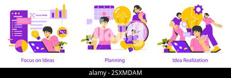 Illustration emphasizing the journey from focusing on ideas to planning and realizing them. It captures the creative process with characters engaging in brainstorming, scheduling, and implementation activities that inspire productivity. Stock Vector
